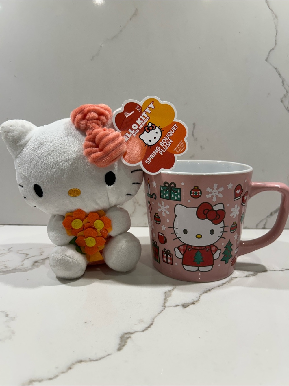 Hello Kitty Pink Plush with Orange Flower Bouquet and Pink Mug